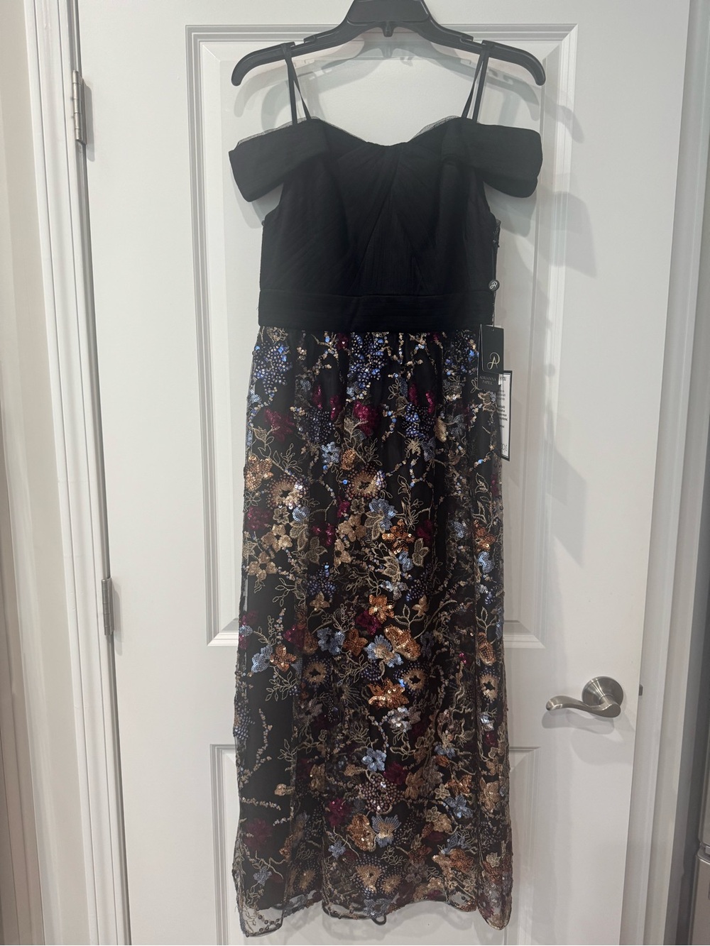 Black Off-Shoulder Formal Dress with Multicolor Floral Embroidery NWT